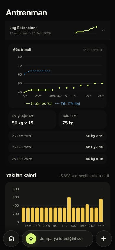 Leg Extensions için on iki antrenmanlık tarihli ağırlık ve tahmini 1TM grafiği