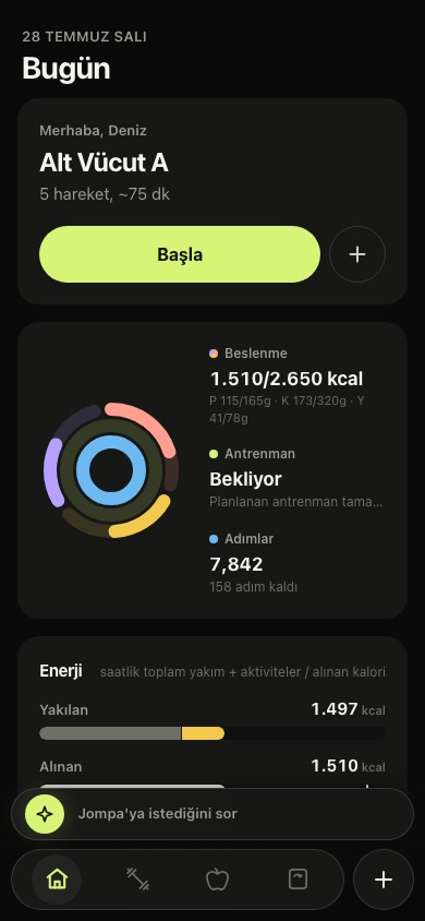 Bugünkü program, beslenme ve adım halkaları dolu Jompa ana ekranı