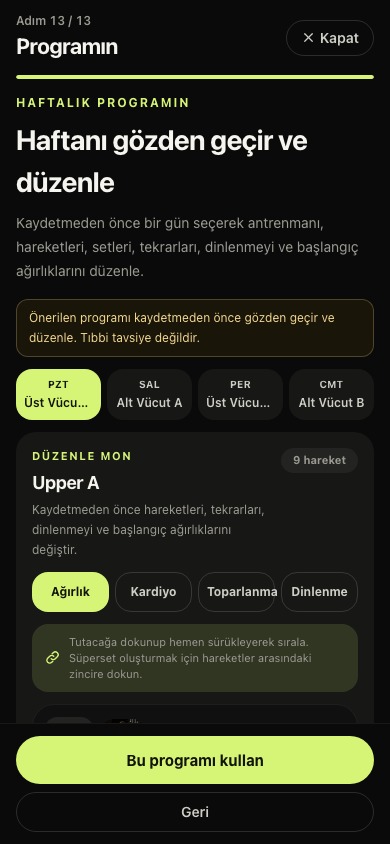 Jompa ilk kurulumunun sonunda düzenlenebilir haftalık antrenman programı
