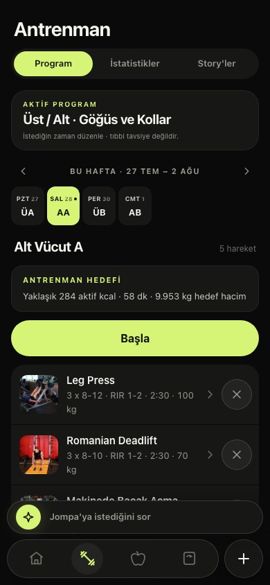 Dolu Upper Lower programını gösteren Jompa ekranı