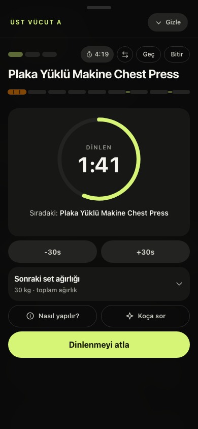 Sonraki set için geri sayımı gösteren canlı dinlenme ekranı